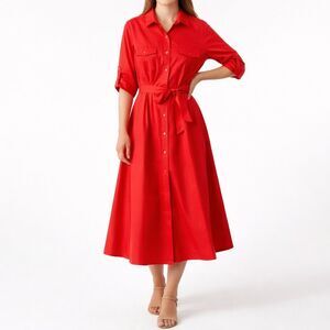 Ms. Chaus Red Shirt Midi Dress Women Sz Medium Lightly Lustrous Finish Tie Waist